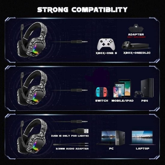 Onikuma K20 Camouflage RGB Light Gaming Headset HD Surround Sound 3.5mm audio with Mic Onikuma K20 Camouflage RGB Light Gaming Headset HD Surround Sound 3.5mm audio with Mic